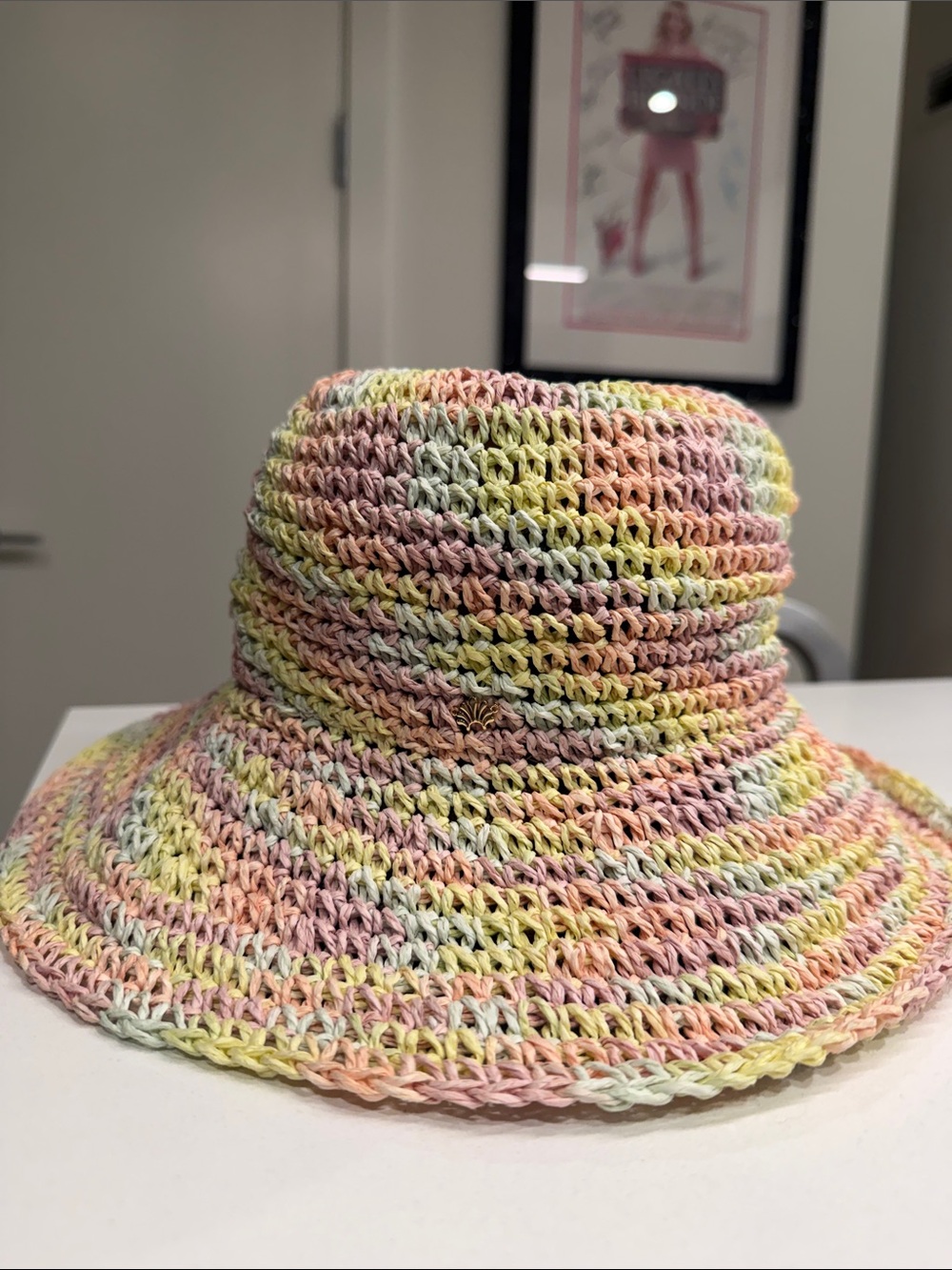 Lele Sadoughi NWOT Raffia Rainbow Bucket Hat Pastel Playa Pink Green Blue